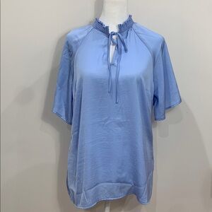 Light blue Banana Republic mock tie neck short sleeve satin top